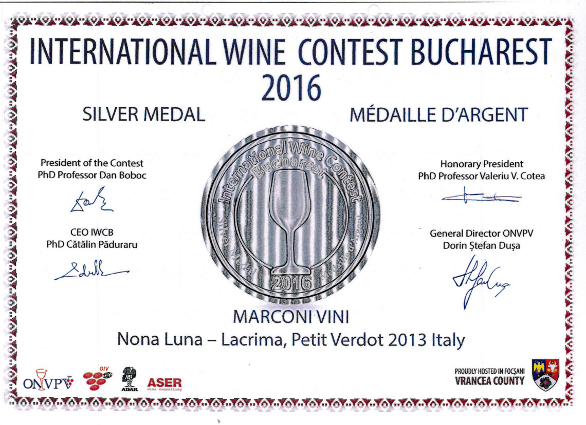 Marconi Vini - Lacrima, Petit Verdot 2013 - Nona Luna - Silver - International Wine Contest Bucharest 2016