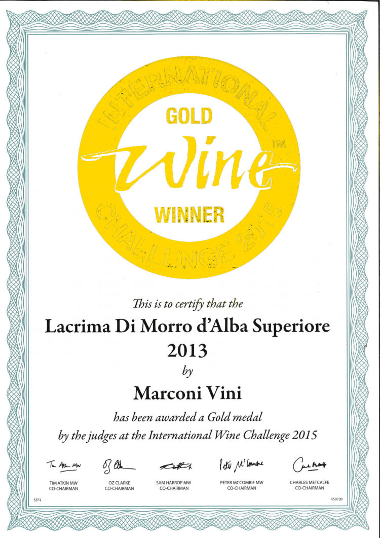 Lacrima di Morro D’Alba Superiore 2013 – Gold – International Challenge 2015