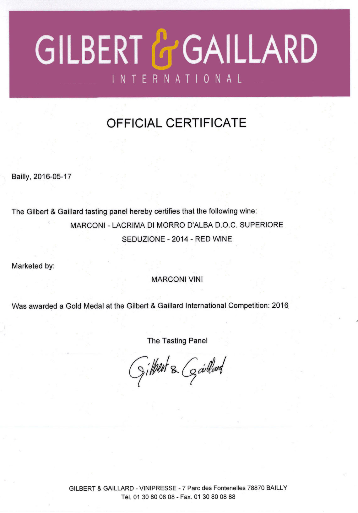 Marconi Vini - Lacrima di Morro d'Alba Superiore 2014 - Seduzione - Gold - Gilbert & Gaillard International 2016