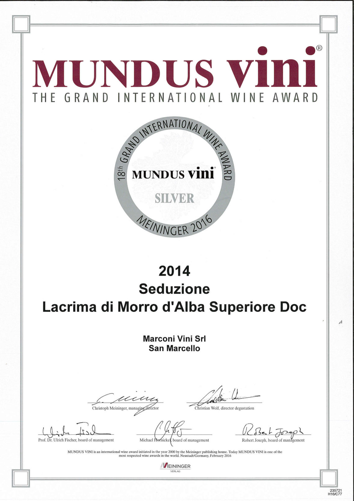 Marconi Vini - Lacrima di Morro d'Alba Superiore 2014 - Seduzione - Silver - Mundus Vini 2016