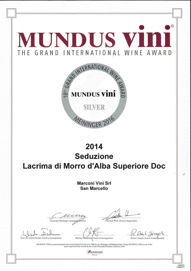 Lacrima di Morro d’Alba Superiore 2014 – Seduzione – Silver – Mundus Vini 2016