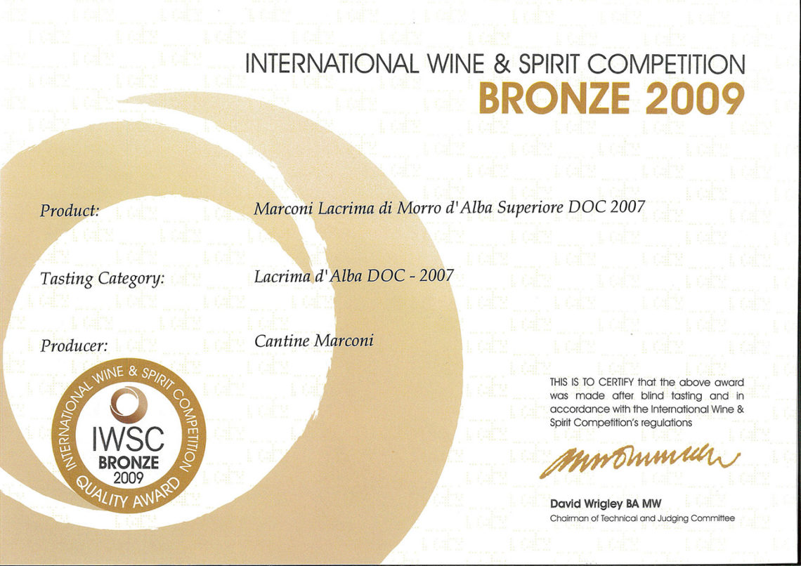 Marconi Vini - Lacrima di Morro d'Alba Superiore DOC 2007 - Bronze - International Wine e Spirit Competition 2009