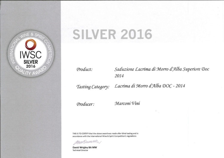 Lacrima di Morro d’Alba Superiore DOC 2014 – Seduzione – Silver – International Wine e Spirit Competition 2016